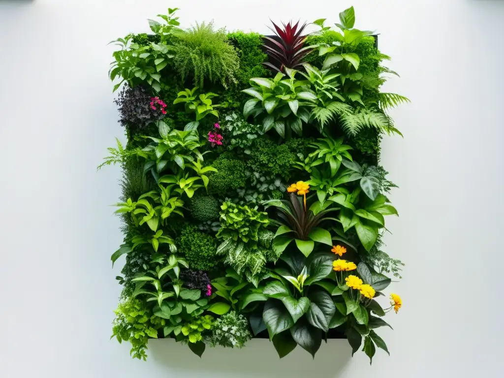 Un jardín vertical moderno con una variedad de exuberantes plantas verdes dispuestas en un patrón geométrico elegante