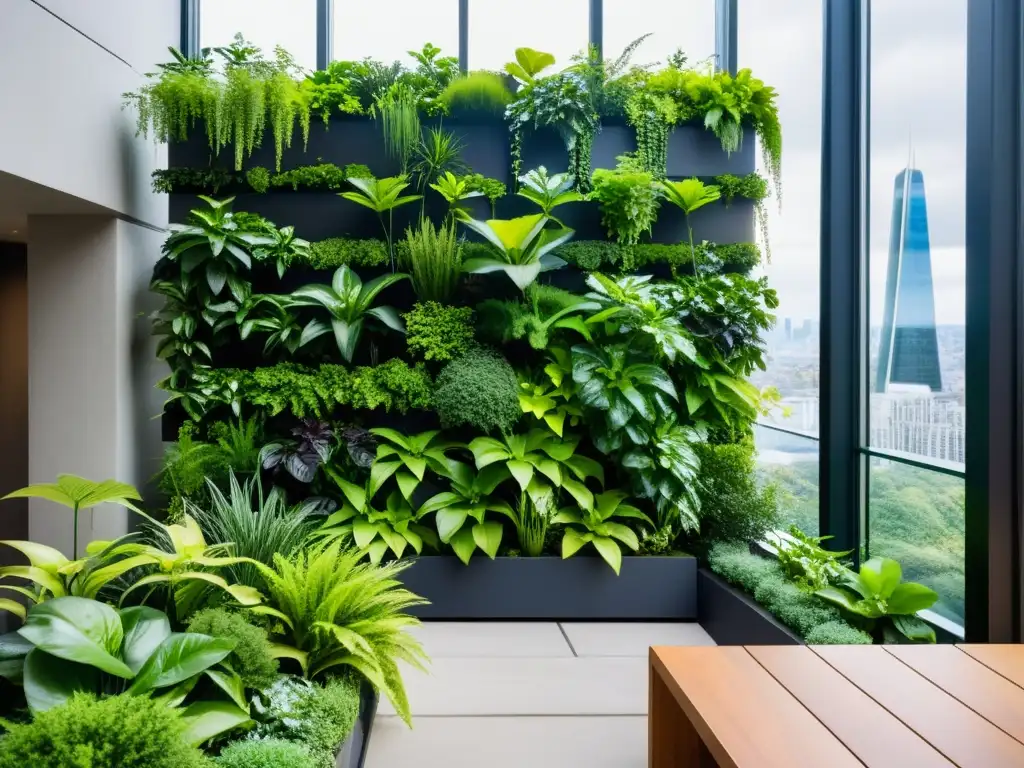 Un jardín vertical moderno con una variedad de exuberantes plantas verdes, iluminado por la suave luz natural, en contraste con el paisaje urbano