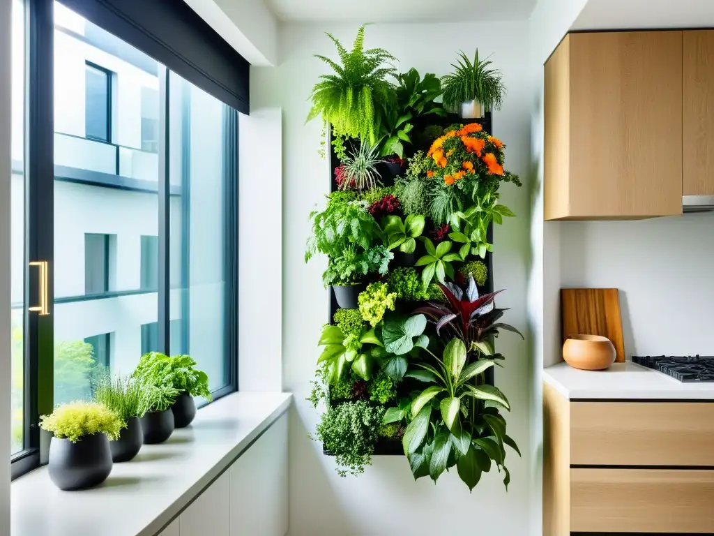 Un jardín vertical moderno con una variedad de exuberantes plantas verdes en un elegante apartamento minimalista