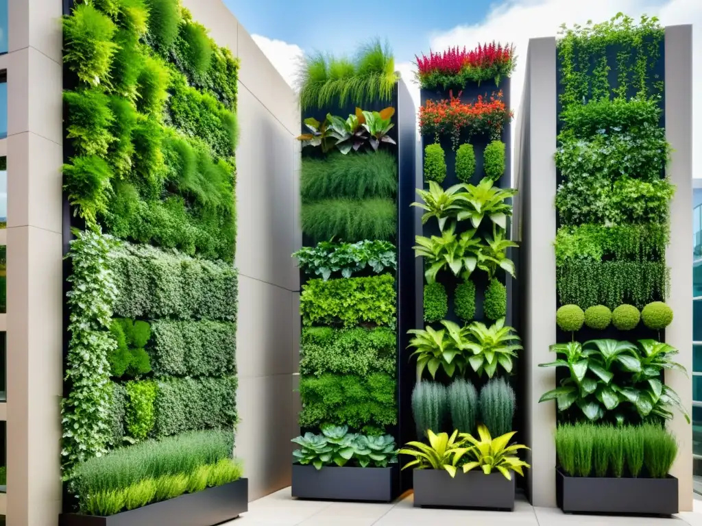 Jardín vertical moderno con variedad de plantas verdes en macetas altas