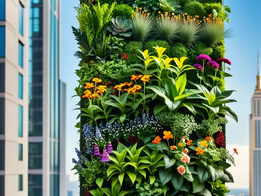 Un jardín vertical moderno muestra la variedad de plantas vibrantes y flores coloridas, contrastando con el entorno urbano