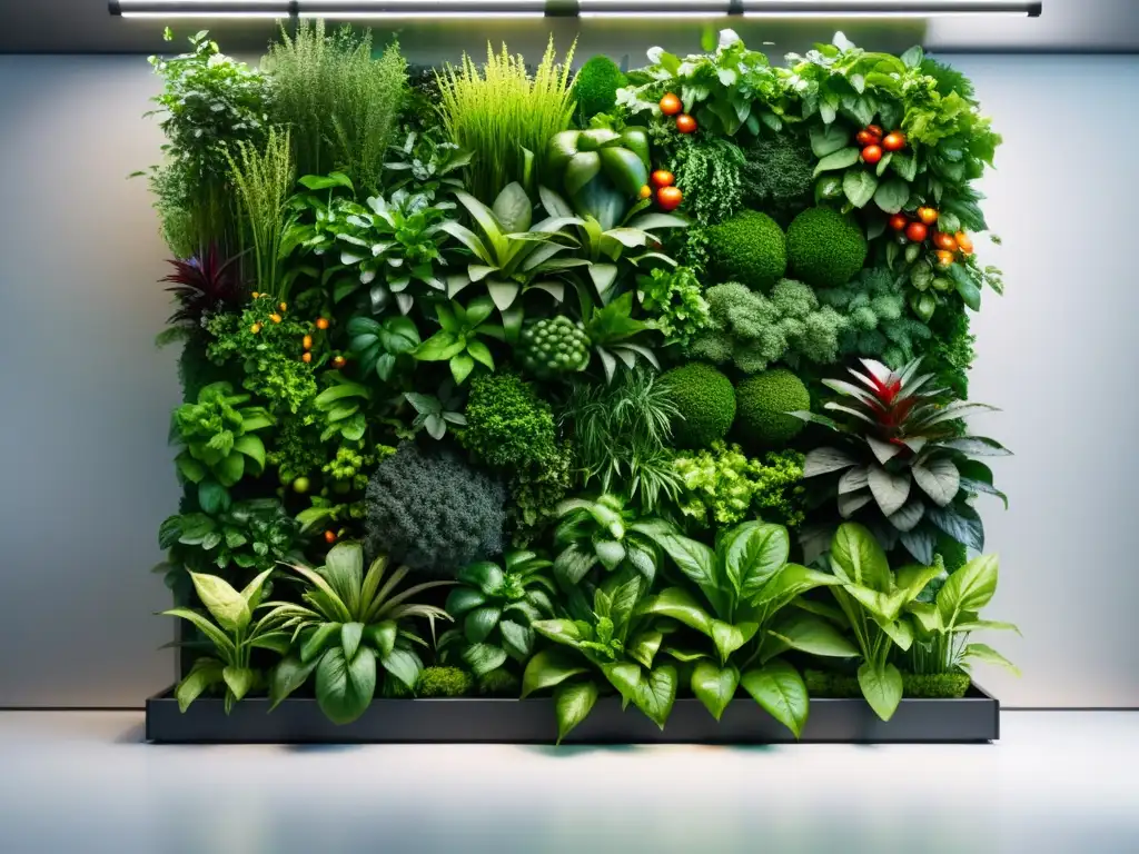 Un jardín vertical moderno muestra una variedad de plantas frondosas y frutas vibrantes