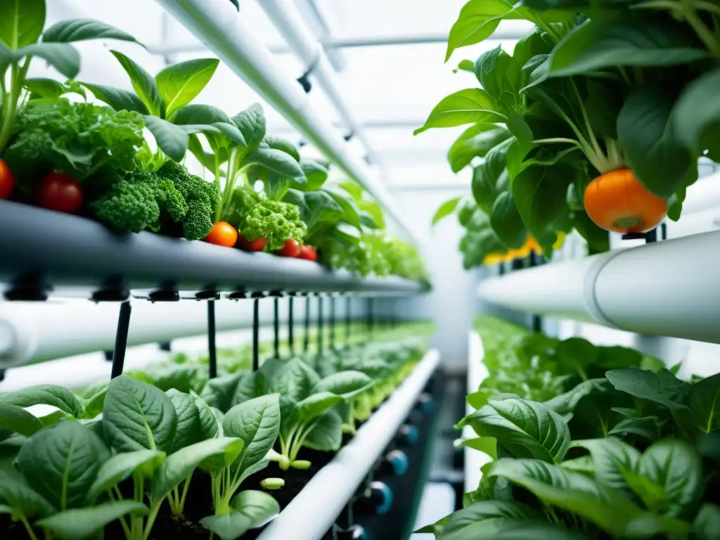 Un jardín hidropónico vertical moderno con verduras vibrantes y exuberantes, resaltando las técnicas de riego en huertos verticales