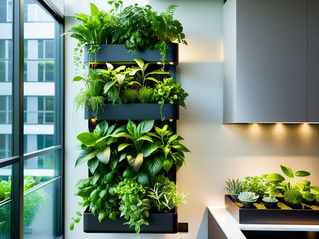 Un jardín vertical moderno y vibrante en un apartamento urbano, mostrando la innovación de los huertos verticales para agricultura urbana