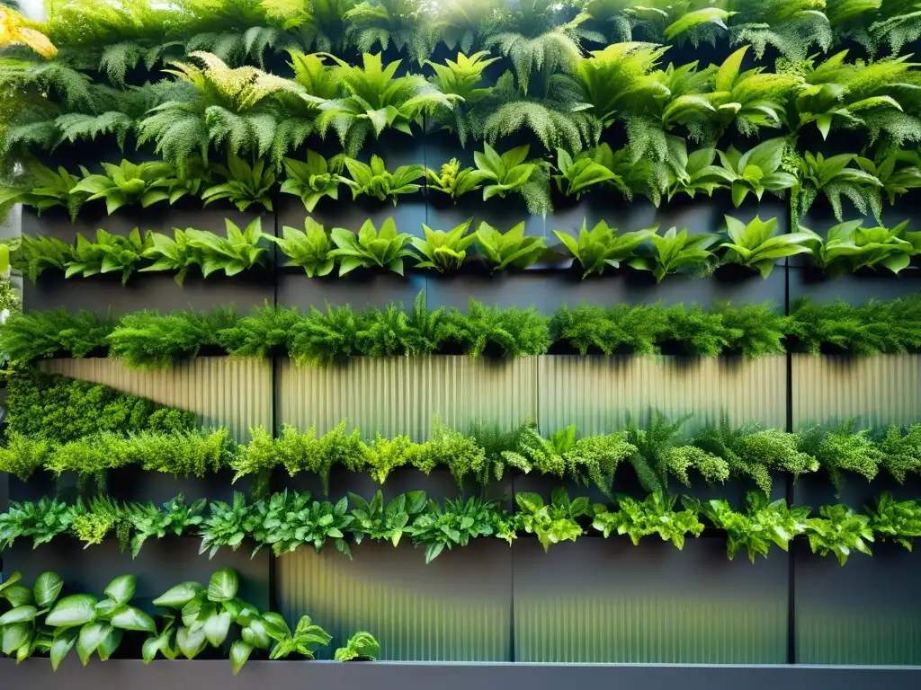 Un jardín vertical moderno y vibrante muestra el aprovechamiento de luz natural en huertos verticales