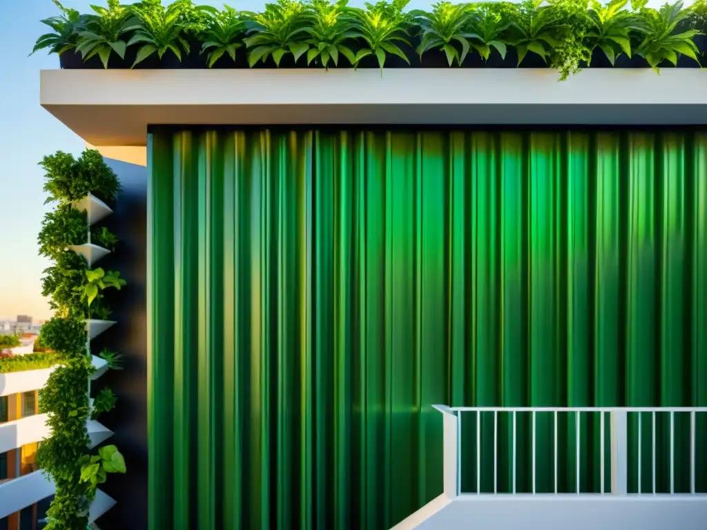 Un jardín vertical moderno y vibrante en la azotea con plantas verdes exuberantes dispuestas en un patrón geométrico