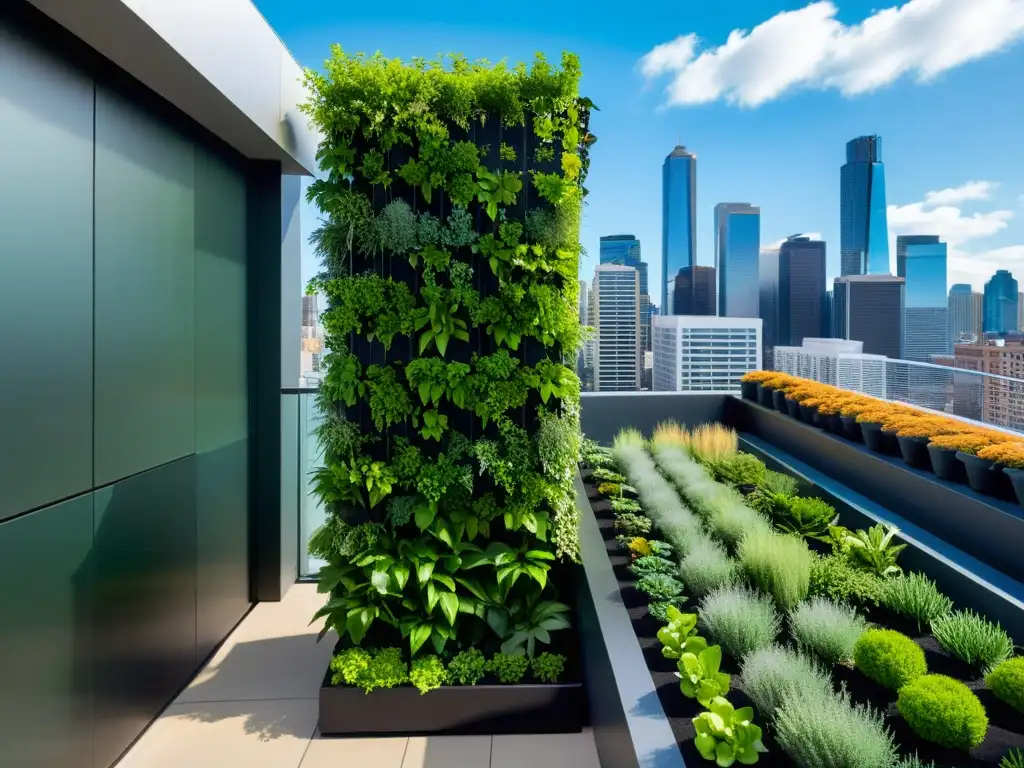 Un jardín vertical moderno y vibrante en la azotea de la ciudad, integrando la agricultura urbana