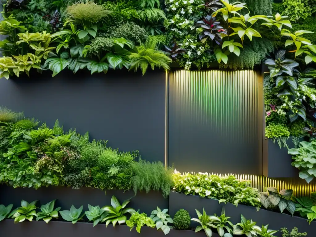 Un jardín vertical moderno y vibrante, bañado en luz natural, evocando innovación y sofisticación