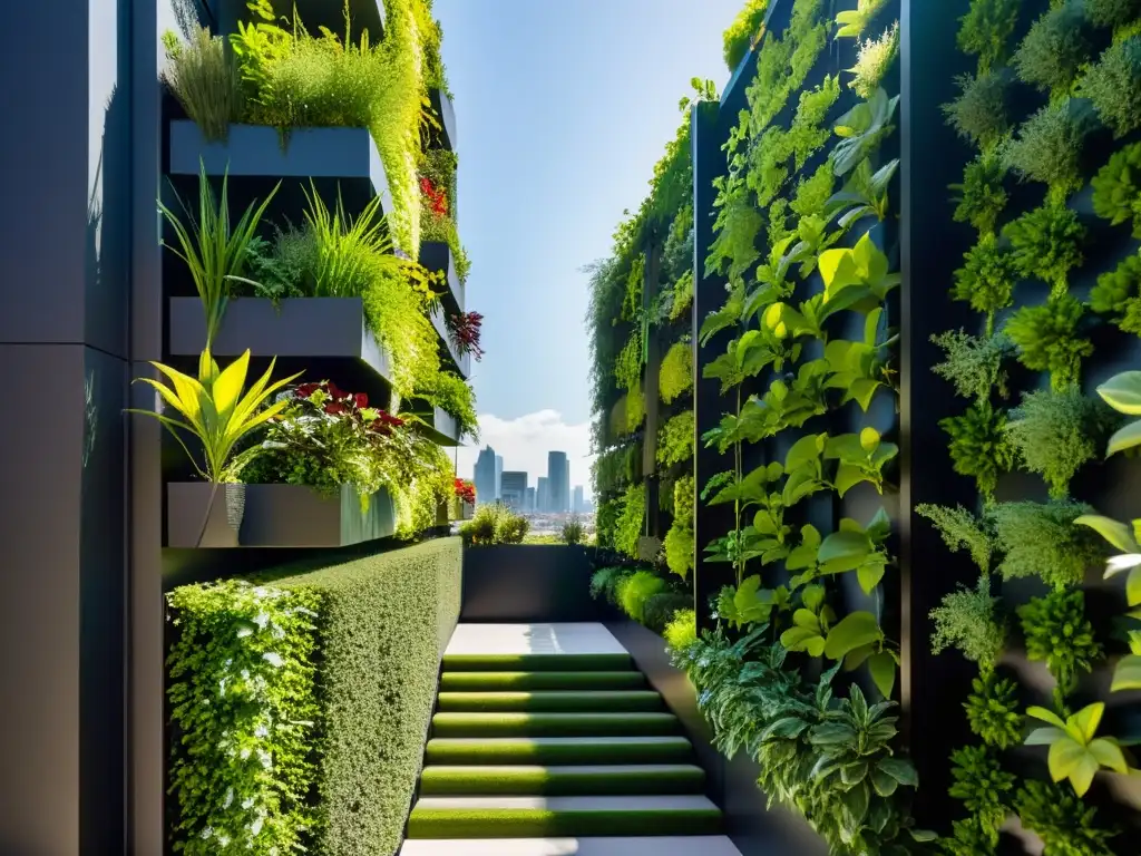 Un jardín vertical moderno y vibrante en la ciudad