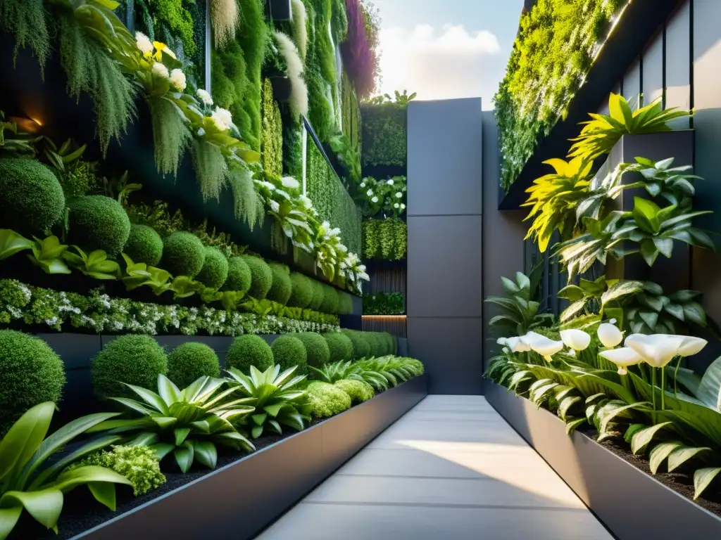 Un jardín vertical moderno y vibrante en la ciudad, perfecto para plantar en huertos verticales