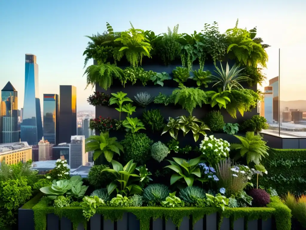 Un jardín vertical moderno y vibrante se integra con la ciudad, resaltando el cultivo urbano en huertos verticales