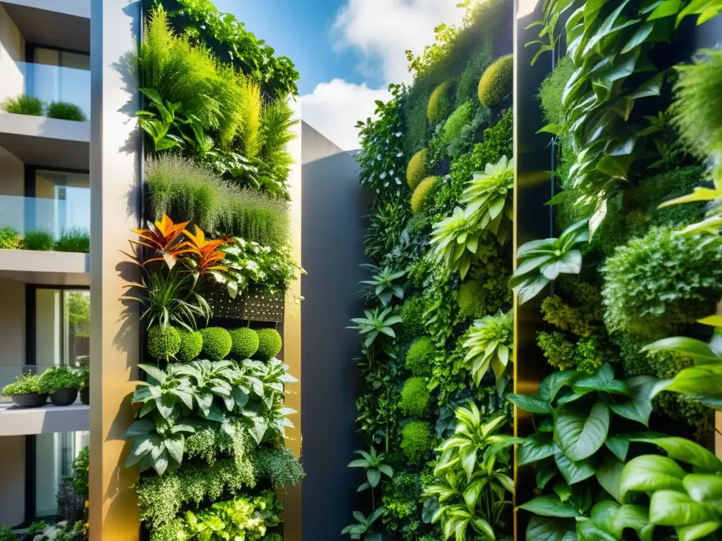 Un jardín vertical moderno y vibrante en la ciudad iluminado por el sol, transmitiendo frescura y vitalidad, beneficios huertos verticales salud