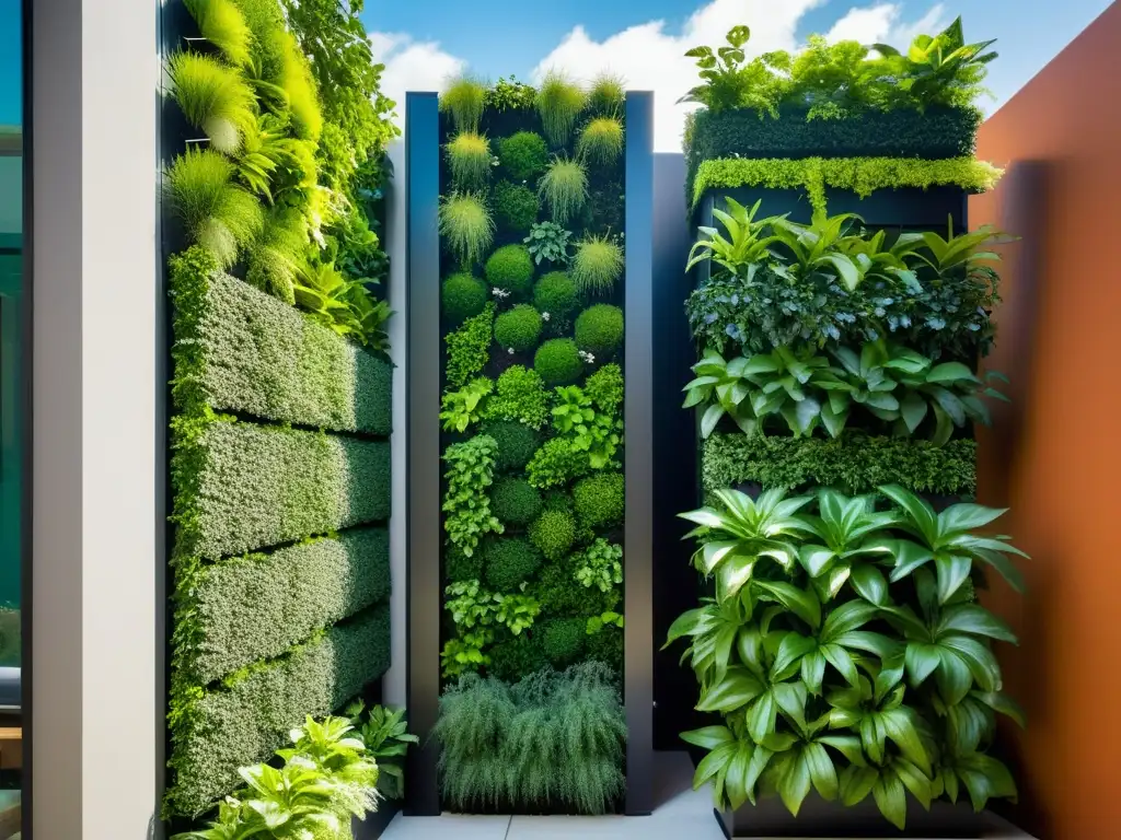 Jardín vertical urbano: fusión de naturaleza y modernidad Un jardín vertical moderno y vibrante en la ciudad