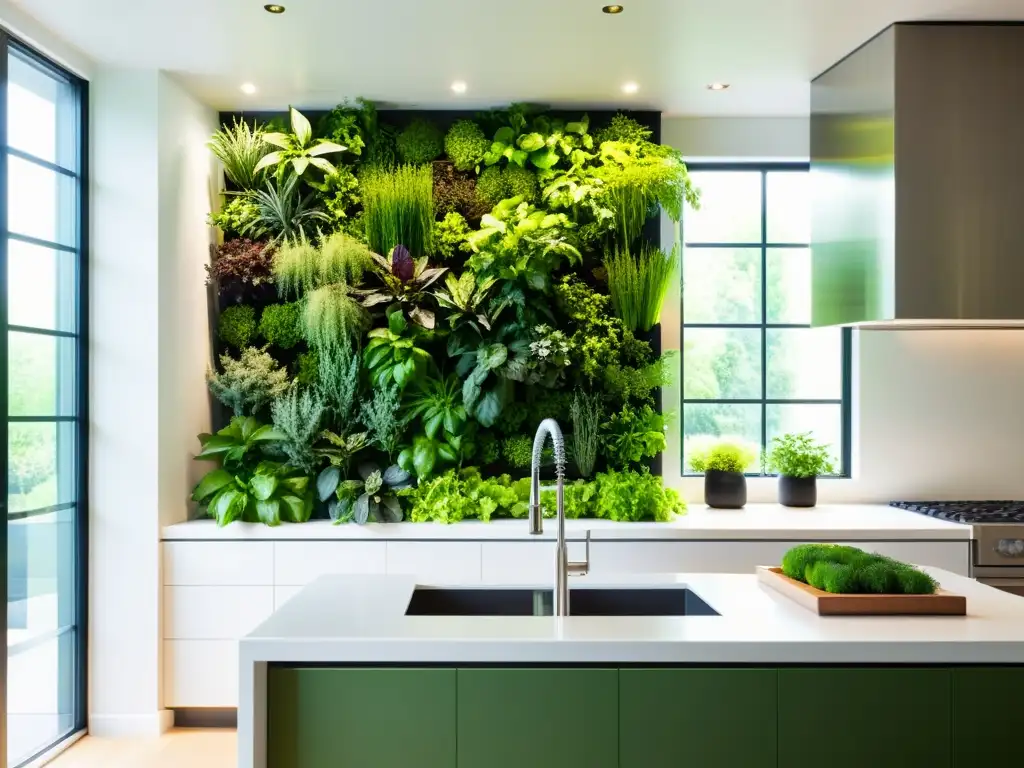 Un jardín vertical moderno y vibrante en una cocina contemporánea, con alimentos orgánicos y luz natural