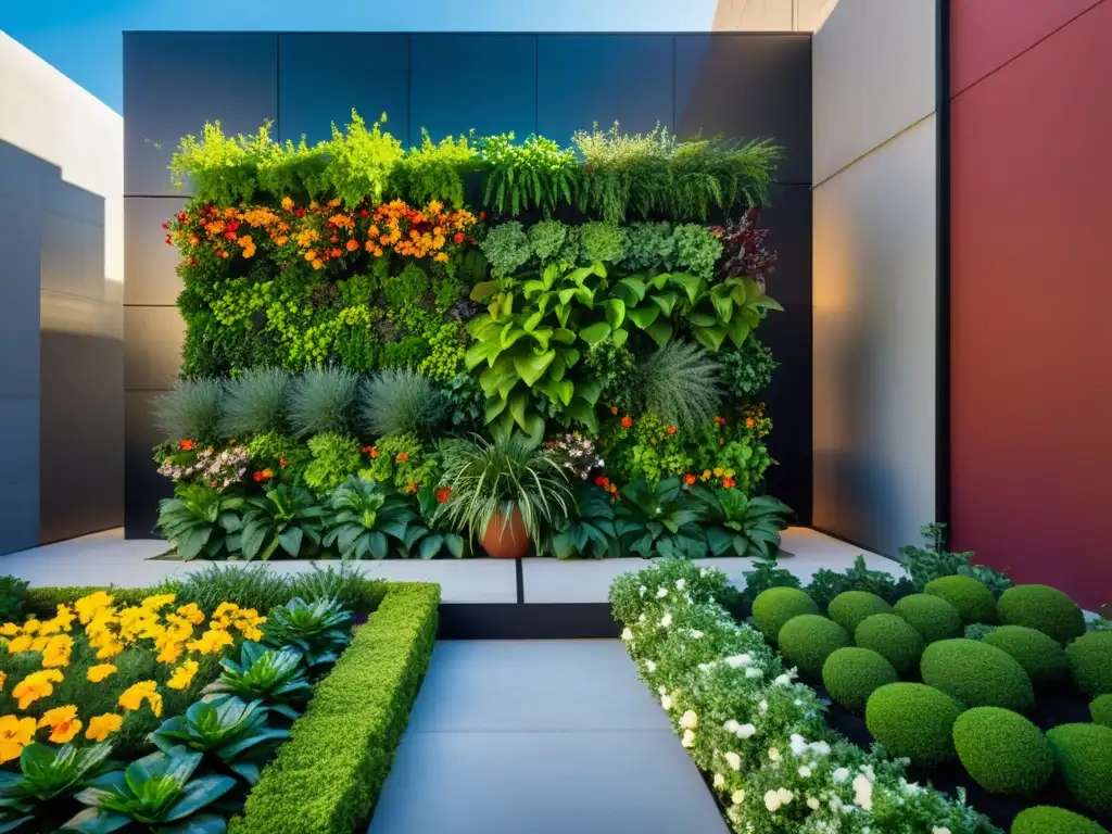 Un jardín vertical moderno y vibrante en contraste con el paisaje urbano, con una variedad de plantas y flores coloridas