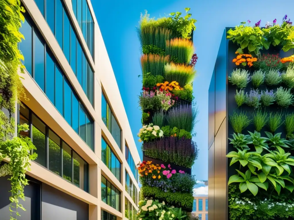 Un jardín vertical moderno y vibrante, con una diversidad de plantas verdes y flores coloridas, mostrando la biodiversidad en un entorno urbano