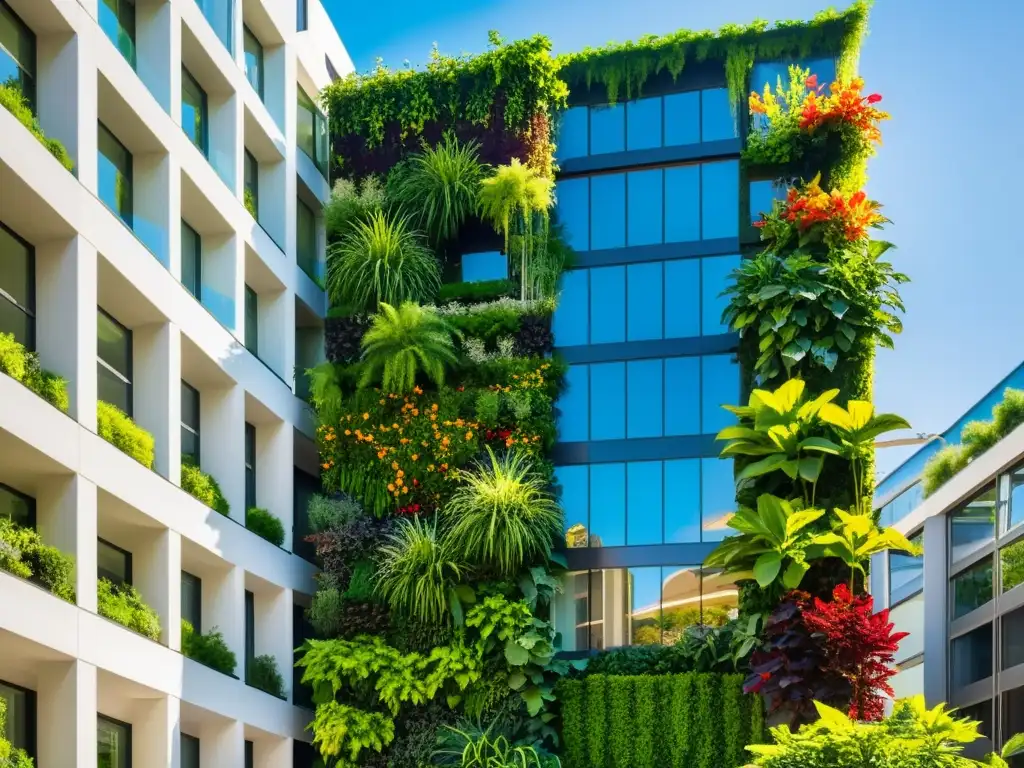 Un jardín vertical moderno y vibrante en un edificio urbano