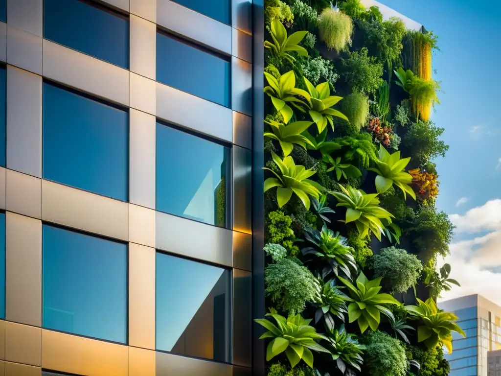 Un jardín vertical moderno y vibrante en un edificio urbano, capturando la fusión de tecnología verde