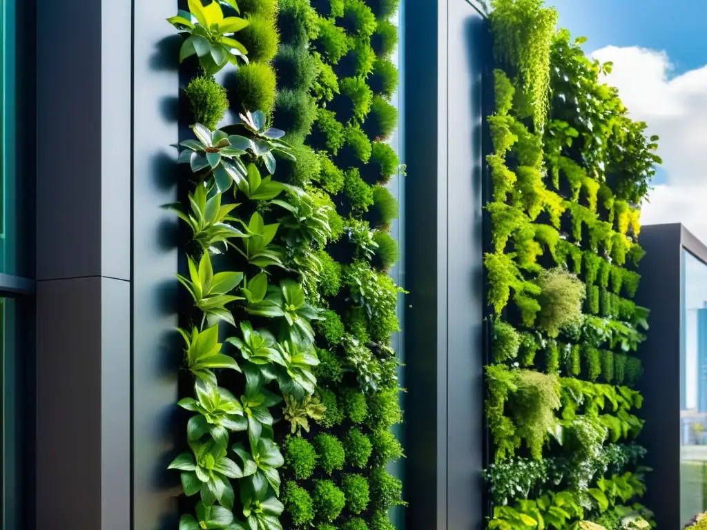 Un jardín vertical moderno y vibrante en un edificio urbano