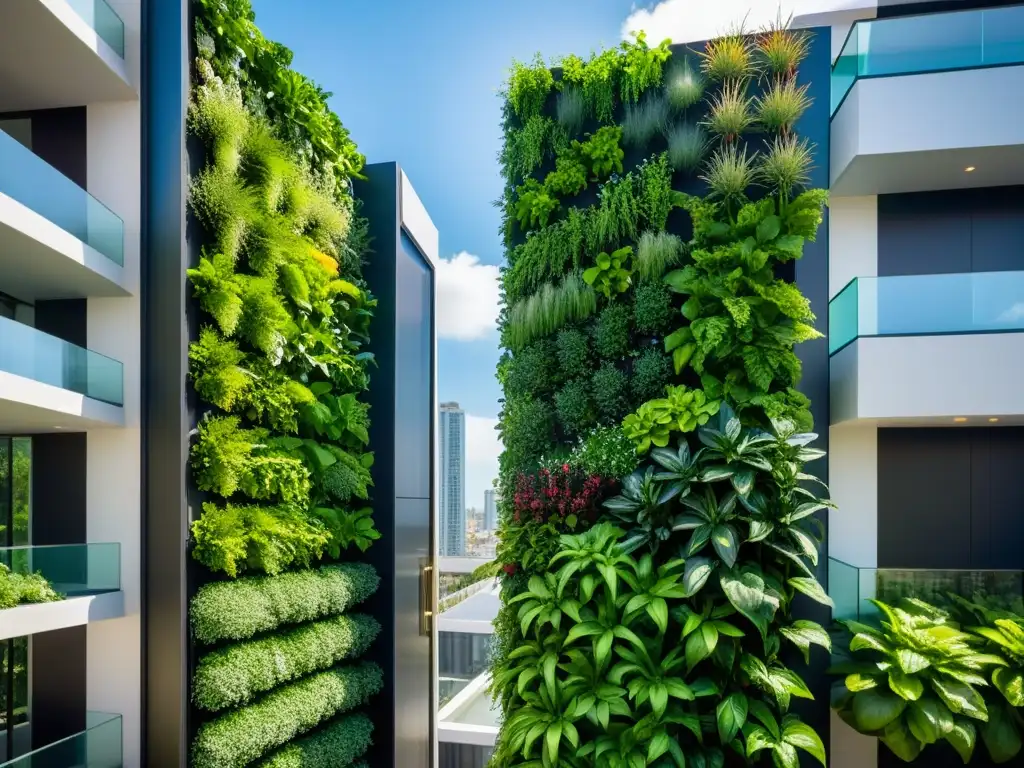 Un jardín vertical moderno y vibrante en un edificio, reflejando la agricultura urbana huertos verticales de manera innovadora y sostenible