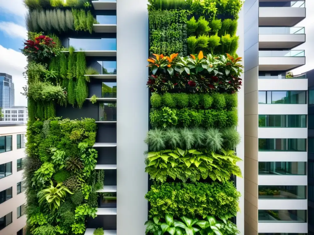 Un jardín vertical moderno y vibrante en un edificio urbano, mostrando el cultivo urbano en huertos verticales con elegancia y estilo