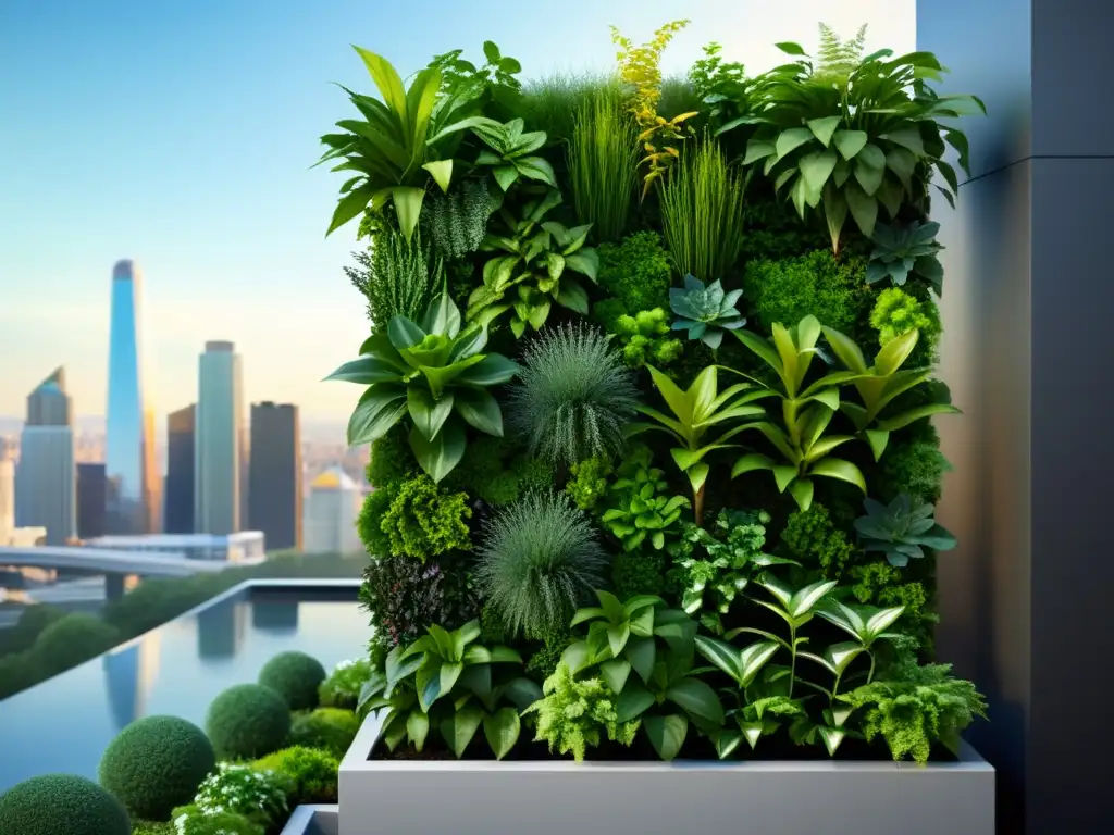 Jardín vertical urbano: naturaleza y modernidad en armonía Un jardín vertical moderno con vegetación vibrante y elementos de agua, integrando la naturaleza en entornos urbanos