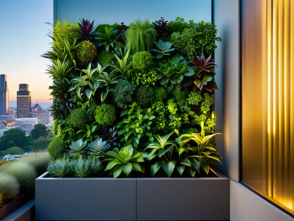 Un jardín vertical moderno y vibrante en un entorno urbano frío