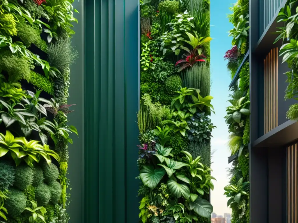 Un jardín vertical moderno y vibrante en un entorno urbano limpio y contemporáneo