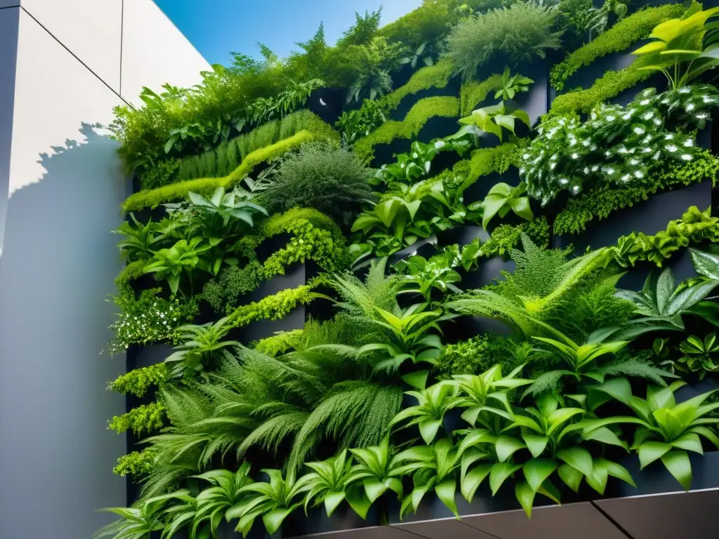 Un jardín vertical moderno y vibrante en un entorno urbano, destacando la agricultura urbana y huertos verticales de forma innovadora