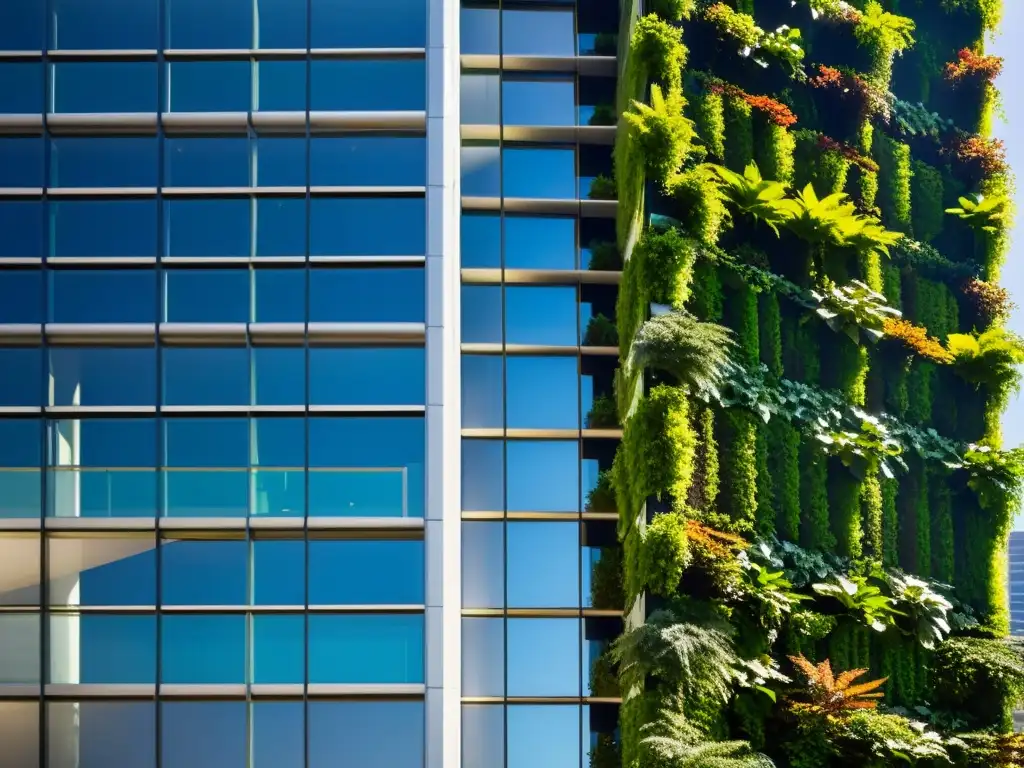 Un jardín vertical moderno y vibrante en un entorno urbano, mostrando los beneficios de la sostenibilidad y los huertos verticales