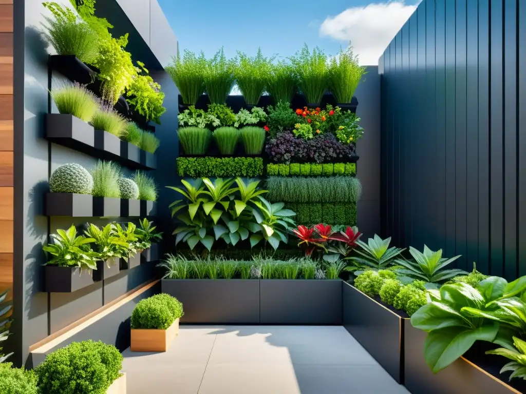 Un jardín vertical moderno y vibrante, cultivar en espacios urbanos verticales, con un diseño innovador y práctico