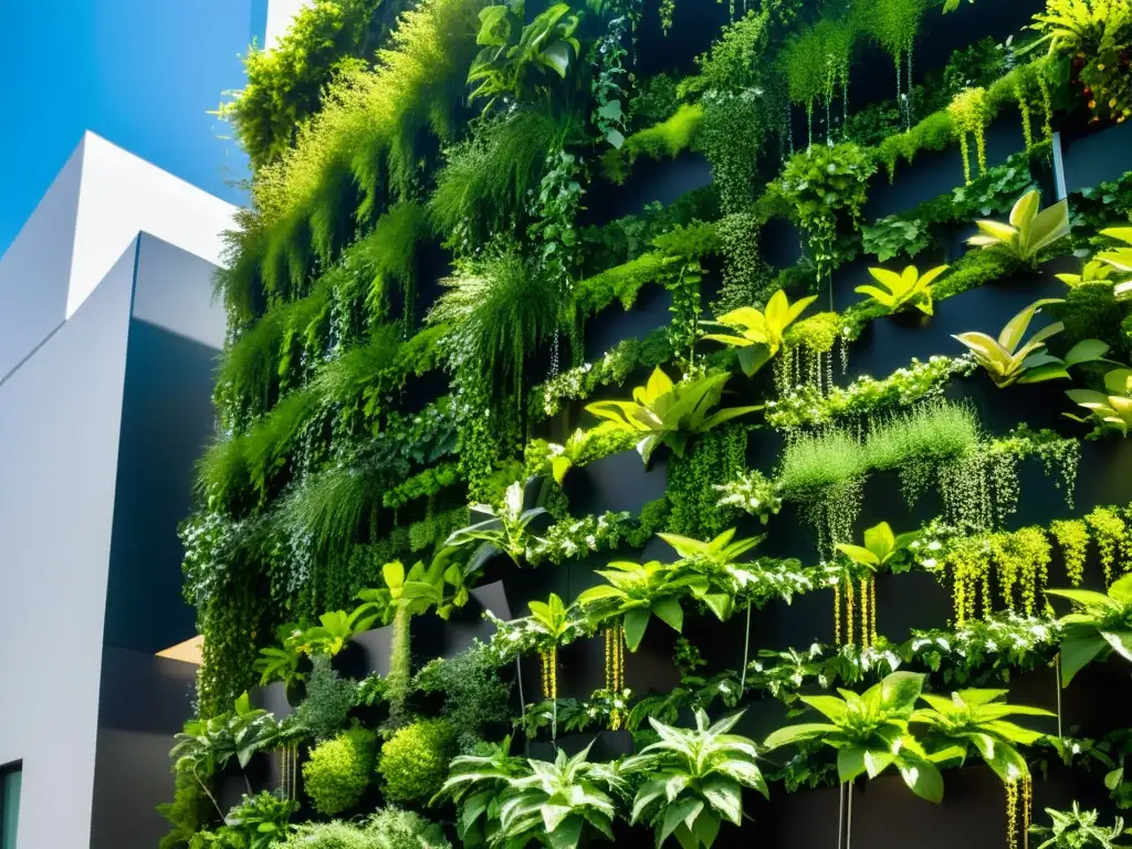 Un jardín vertical moderno y vibrante con exuberante vegetación, riego inteligente y luz solar filtrándose entre las hojas