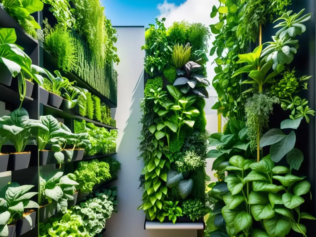 Un jardín vertical moderno y vibrante con hortalizas y hierbas