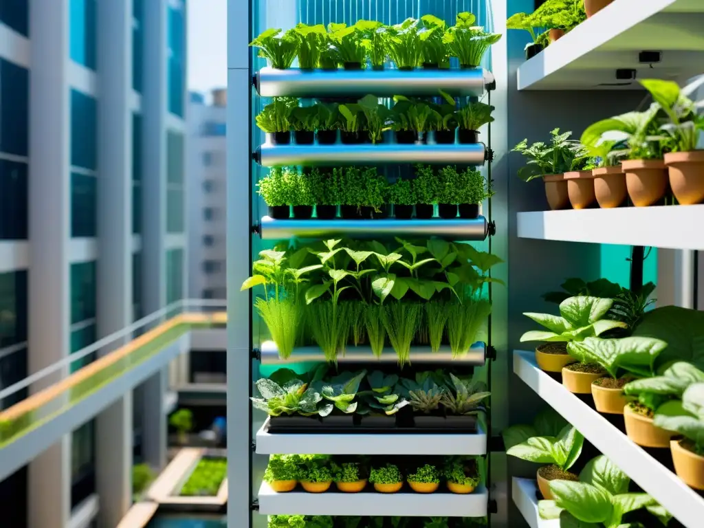 Un jardín acuapónico vertical moderno y vibrante, integrando la acuaponía para huertos verticales urbanos con plantas exuberantes y peces saludables