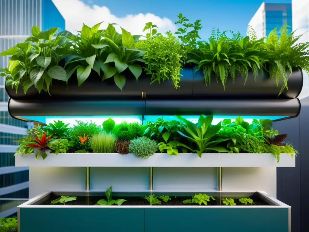 Un jardín vertical moderno y vibrante, con un innovador sistema de acuaponía, promoviendo el activismo en agricultura urbana