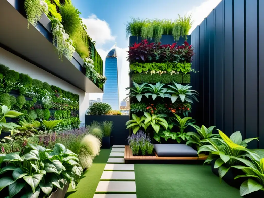 Un jardín vertical moderno y vibrante integrado en la ciudad