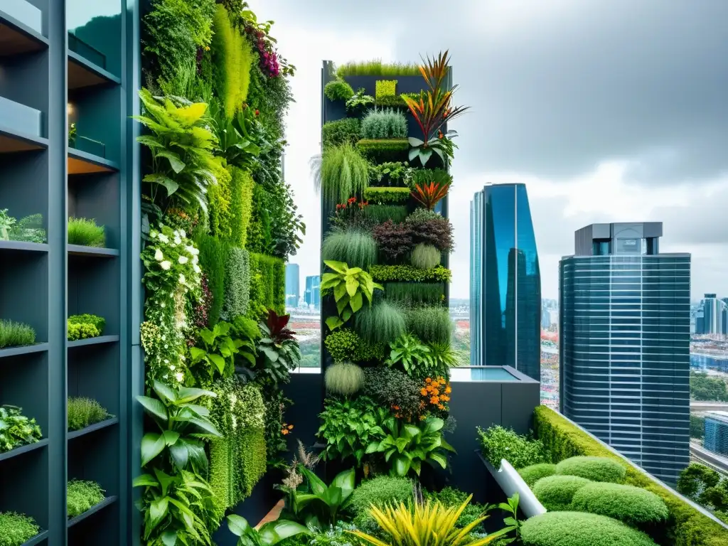 Un jardín vertical moderno y vibrante con plantas nativas prósperas, en un entorno urbano futurista