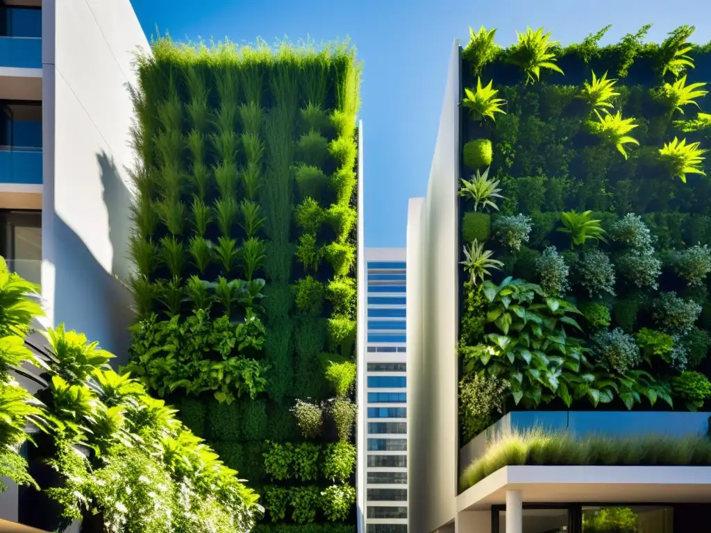 Un jardín vertical moderno y vibrante con plantas verdes en un entorno urbano