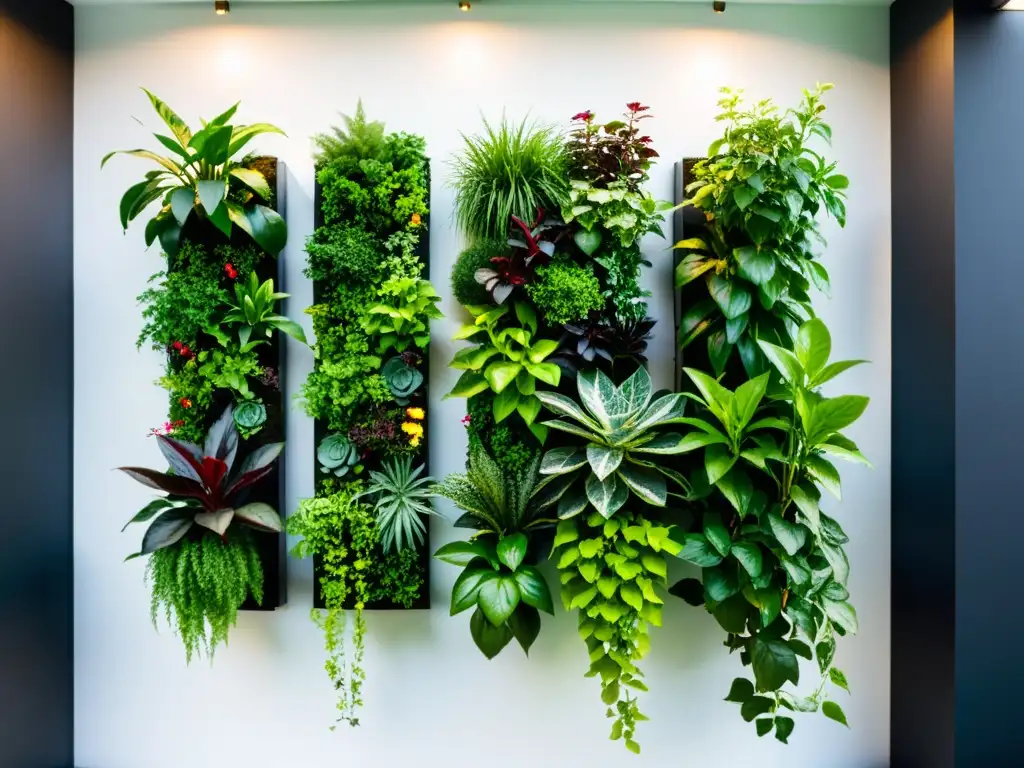 Un jardín vertical moderno y vibrante con plantas exuberantes en maceteros simétricos, irradiando belleza natural