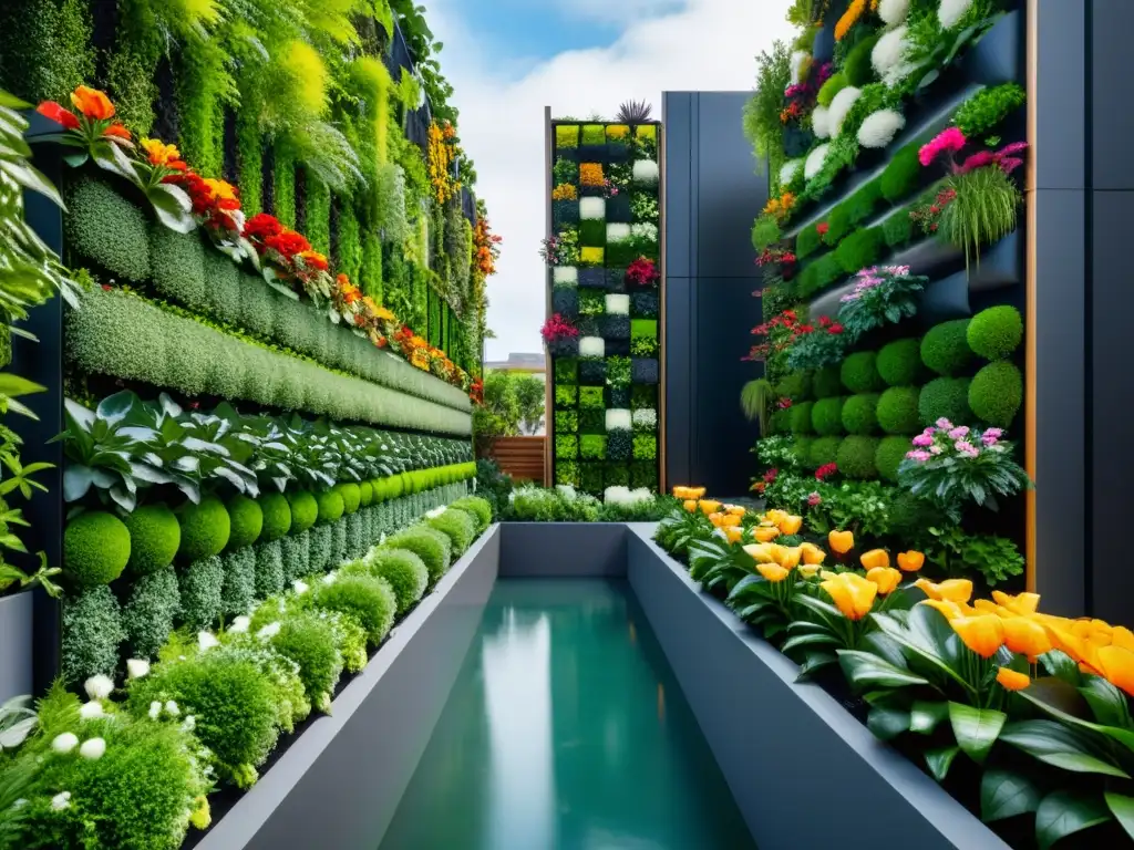 Un jardín vertical moderno y vibrante con plantas exuberantes y diseño sostenible