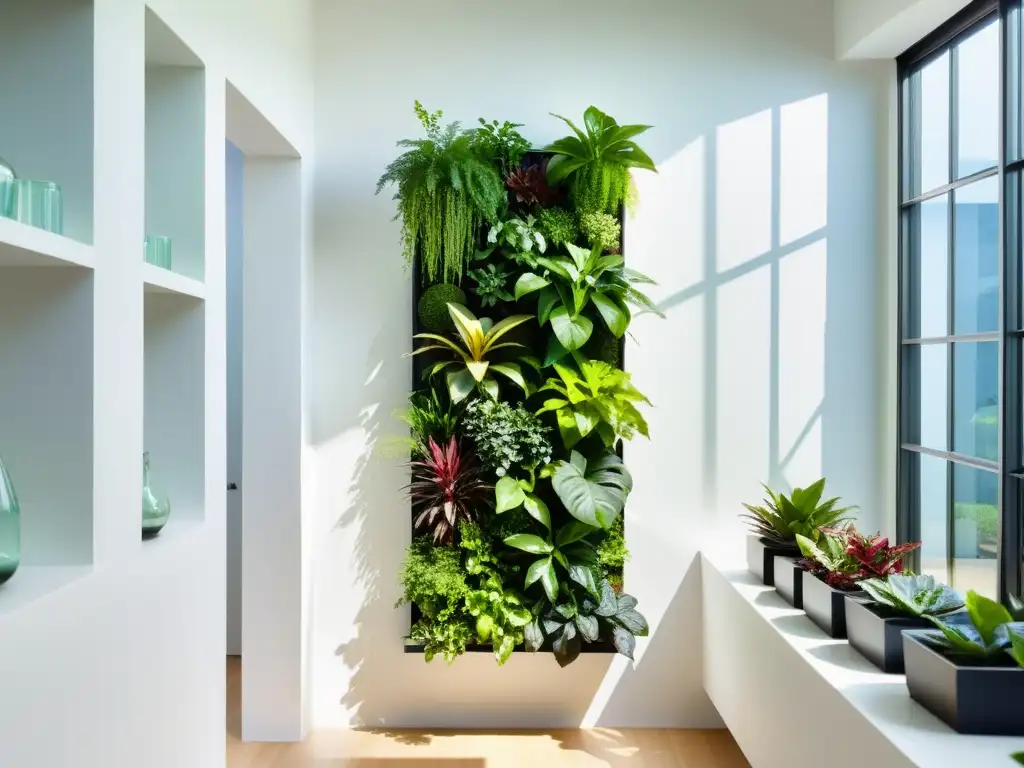 Un jardín vertical moderno y vibrante, con plantas exuberantes en un diseño geométrico contra una pared blanca limpia