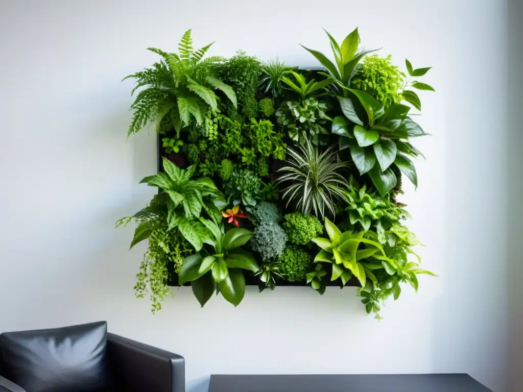 Un jardín vertical moderno y vibrante con plantas exuberantes en un diseño geométrico, irradiando sostenibilidad y modernidad