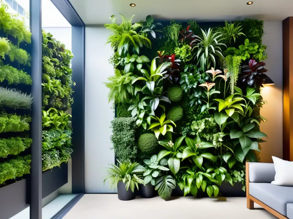 Un jardín vertical moderno y vibrante con plantas ideales para jardines verticales, creando una atmósfera serena en un entorno urbano