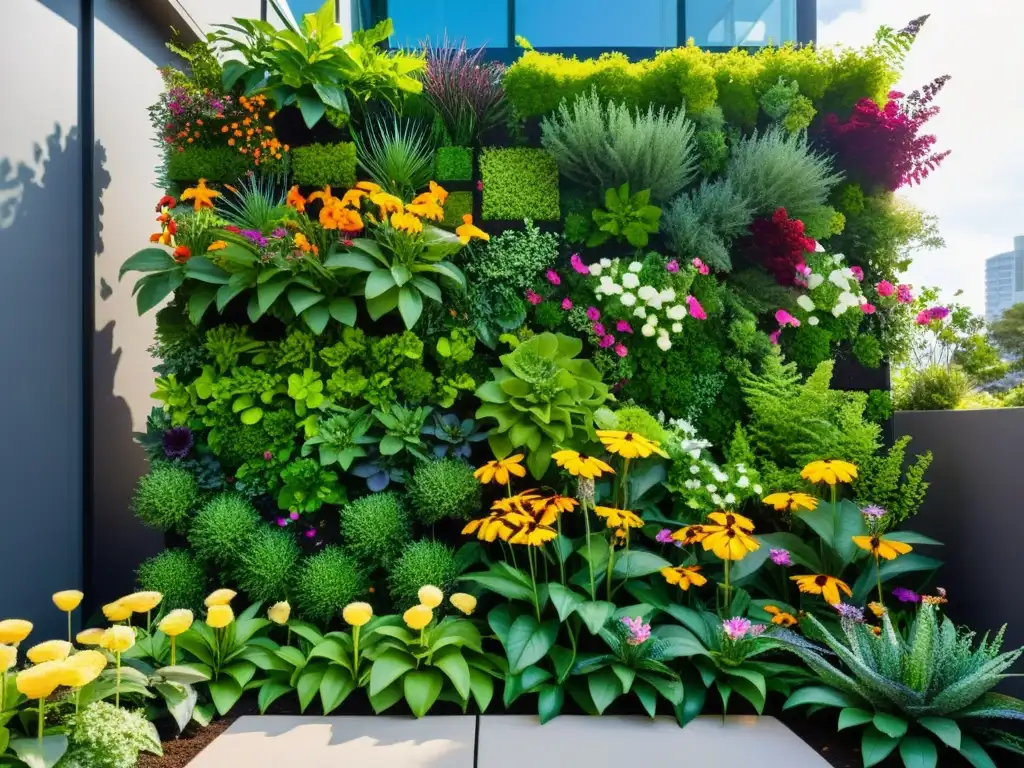 Un jardín vertical moderno y vibrante, rebosante de vida y color, que promueve los beneficios de los huertos verticales para la comunidad