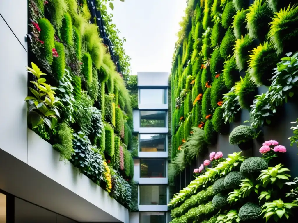 Un jardín vertical moderno y vibrante en Tokyo, reflejo de la aceptación cultural de huertos verticales en Japón