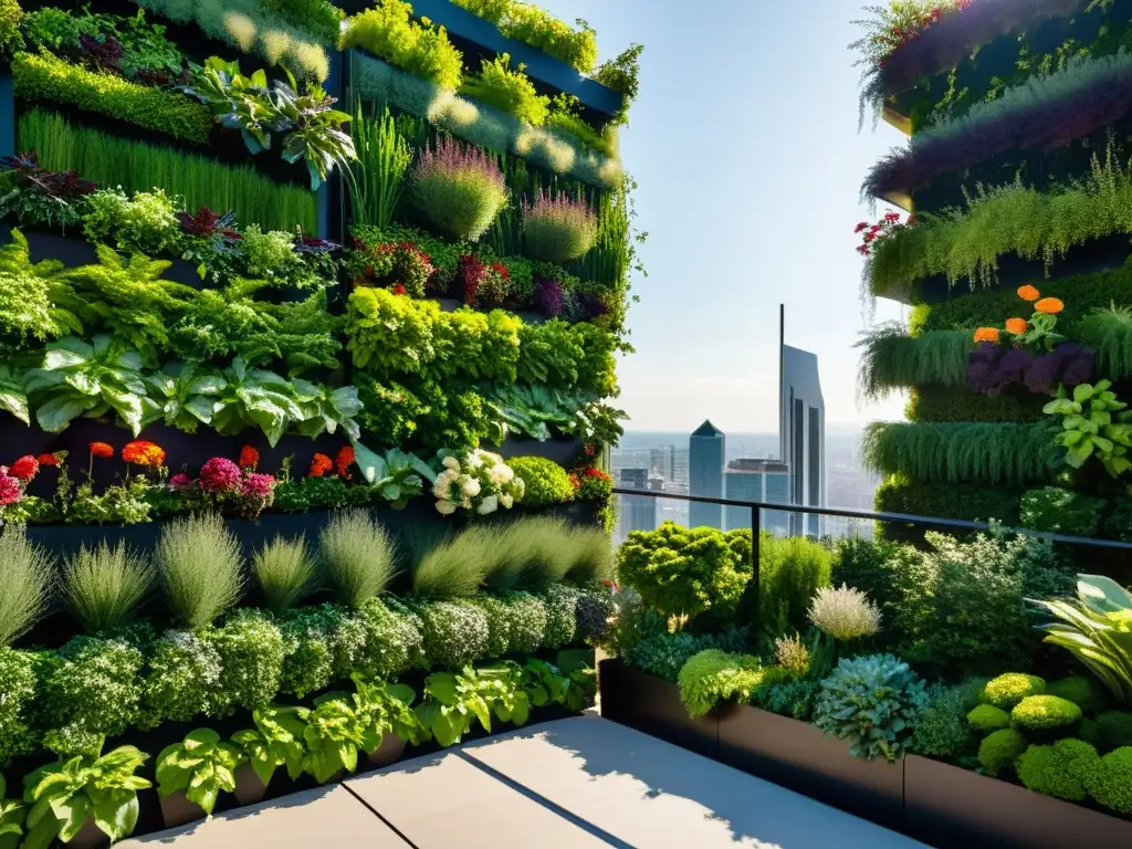 Un jardín vertical moderno y vibrante, integrando sostenibilidad en la ciudad