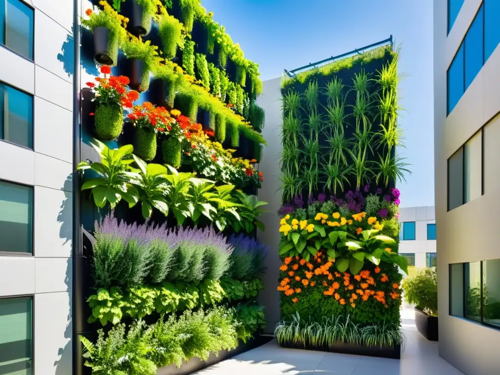 Jardín vertical moderno y vibrante con variedad de plantas y flores, mostrando la eficiente optimización de riego en huertos verticales urbanos