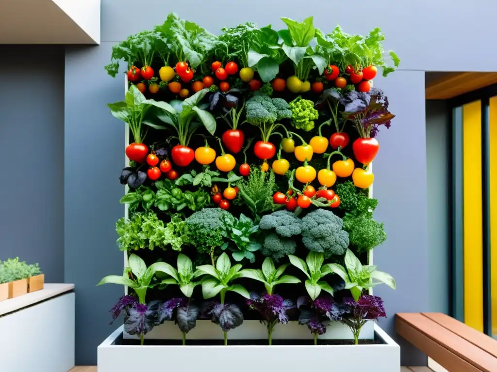 Un jardín vertical moderno y vibrante con una variedad de cultivos estacionales como tomates cherry, col rizada, pimientos de colores y hierbas fragantes