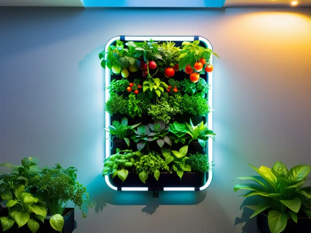 Un jardín vertical moderno y vibrante con vegetales y hierbas en un sistema hidropónico, iluminado con luces LED, integrado en un entorno urbano contemporáneo, mostrando la naturaleza sostenible y futurista del almacenamiento compost maduro