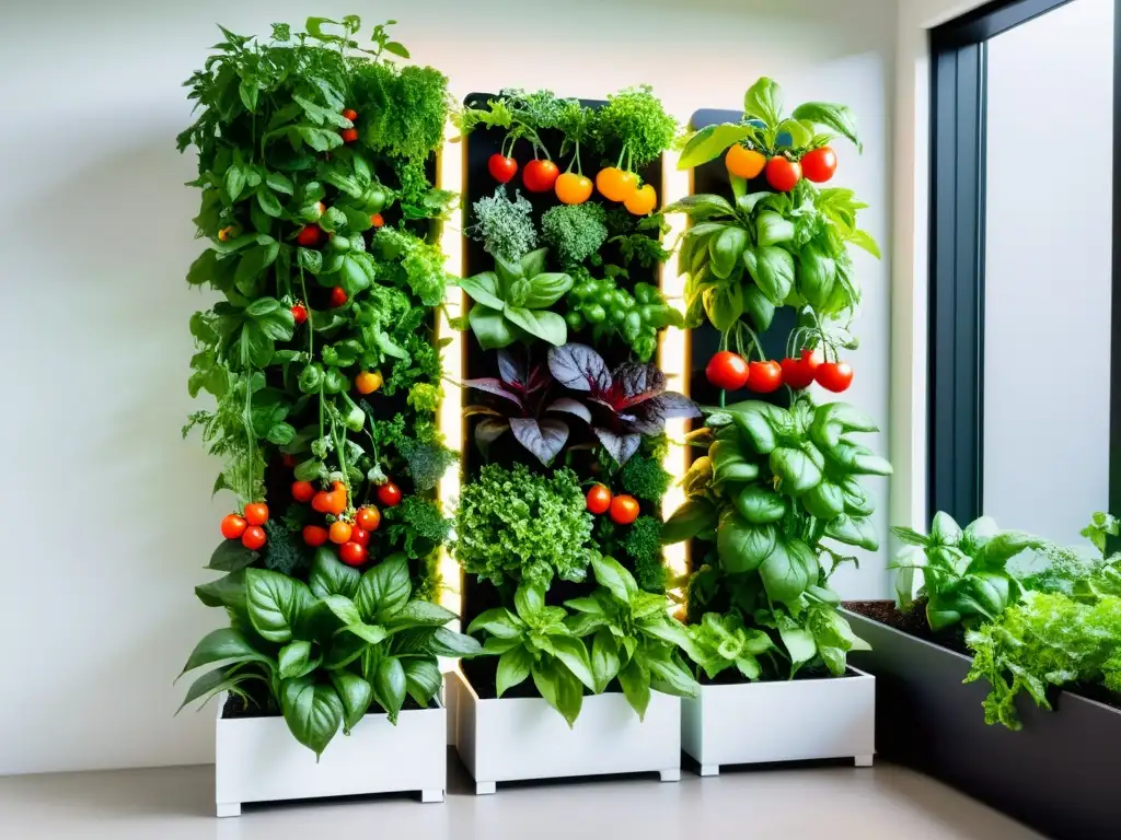 Un jardín vertical moderno y vibrante con vegetales y hierbas como tomates, albahaca, lechuga y pimientos, organizados en un sistema elegante